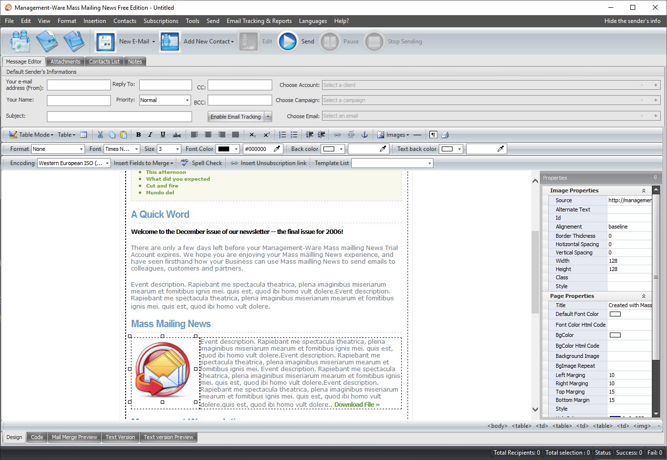 The Mass Mailing News desktop application message editor
